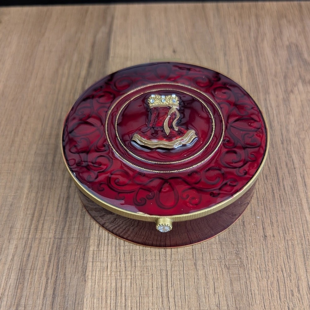 Vintage Red Enamel Trinket Box Gold Scrollwork Mirror Crystal Dress Motif 4.25"